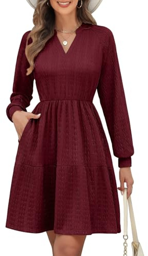 PASUDA Robe Femme Chic et Elegant à Manches Longues Midi Robe Doux Col en V Taille Élastique Tunique Tenue Swing A-Ligne Couleur Unie Décontractée Fête avec Poches