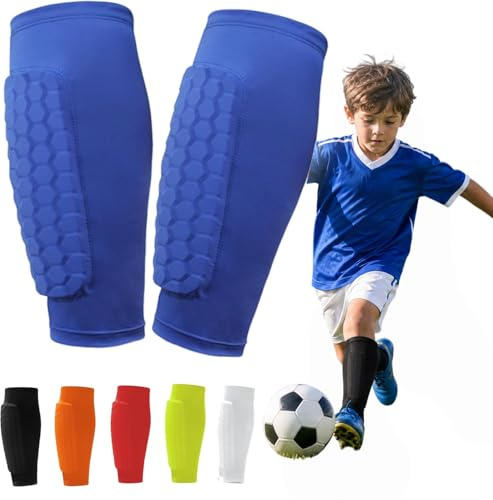 Espinilleras de Esquí, Vendajes de Compresión para Pantorrillas con Acolchado de Panal para Esquí, Fútbol, ​​Ciclismo y Escalada, para Niños, Adolescentes y Adultos (Azul, M)