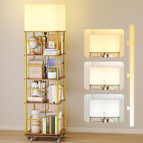 Quikraen 4-tier Rotating Bookshelf with LED and Lockable Castors，Gold+brown