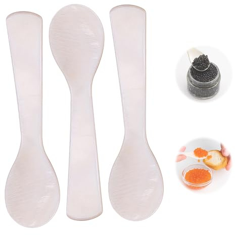 Caviar Spoons, Mother of Pearl Caviar Spoon Set of 3 with Hand Craft W Round Handle for Egg, Ice Cream, Coffee, Restaurant Serving (3.5'')