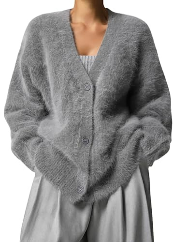 LIEROLYE Cardigan In Maglia Pelosa Da Donna, Maglioni Con Scollo A V Aperti Sul Davanti E Abbottonati, Maglione Casual Ampio Con Spalle Scese(Gray,XL)