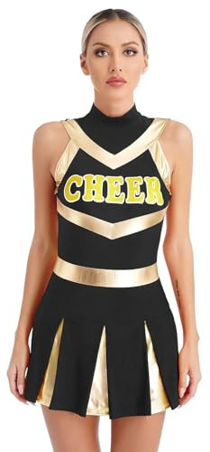 USOHJZ Uniforme de animadora brillante for mujer, vestido baile porristas, plisado con estampado, atuendos juveniles y sexys for colegialas Para Actuaciones(Black,S)