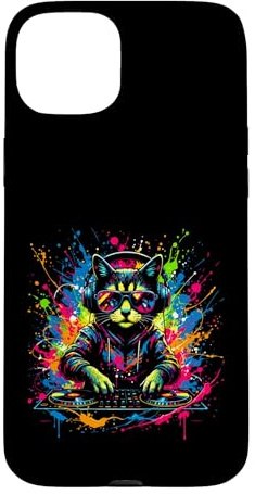 Custodia per iPhone 15 Plus DJ Cat Rave EDM Kitty con cuffie e giradischi design