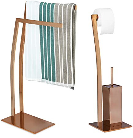Relaxdays 2 TLG Bad Set WIMEDO, Handtuchhalter freistehend, WC Garnitur ohne Bohren, Toilettenpapierhalter Kupfer, Toilettenbürste