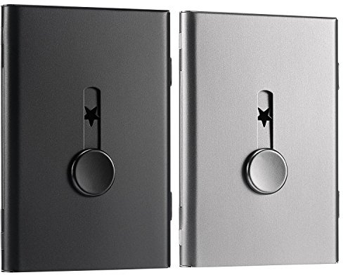 Tatuo 2 Pcs Business Card Holder Thumb Drive Black Gray Stainless Steel Business Name Card Case Portable Slide out Name Holder Wallet Nice Design Pocket for Men and Women