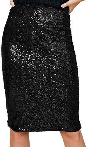 Anna-Kaci Women's High Waist Sparkly Sequins Midi Skirt Pencil Cocktail Party Skirt, Black, Medium