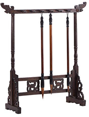 PandaHall 12-Pin Wenge Bürstenhalter Holzschnitzerei Kalligraphie Sumi Bürstenhalter Kalligraphie Ständer Regal Chinesische Bürstenhalter Mit 3 Stück Bürsten