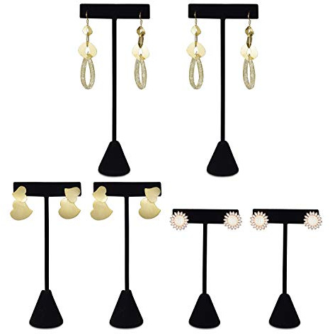 Ikee Design 6Pcs Set Earring T Stand Display Set with 3 Different Heights, T Shape Jewelry Earring Showroom and Tradeshow Showcase Displays, Black Velvet, 4 1/2 H in ; 5 3/4 H in; 6 3/4 H in