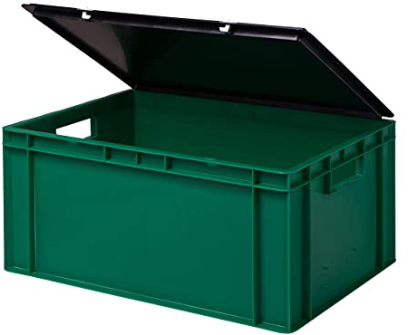 1a-TopStore Stabil professionell förvaringslåda, stapellåda, eurobox, stapellåda med lock, plastlåda finns i 5 färger och 21 storlekar för industri, affärer, hushåll (grön, 60 x 40 x 28 cm)