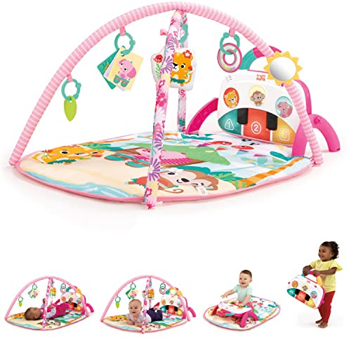 Bright Starts - Gimnasio Piano 4 en 1 Groovin' Kicks, Manta de Actividades y Juguetes para Sus ratos Tumbado Boca Abajo, Rosa, Fiesta Floral, para bebés de Todas Las Edades