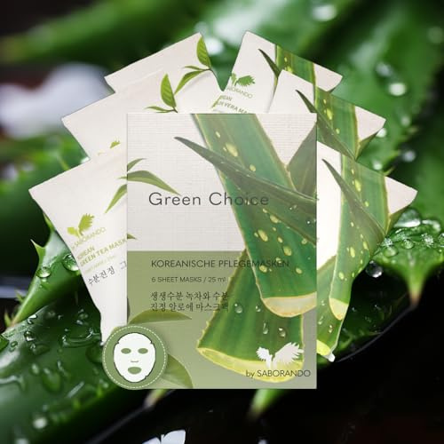 Korean Skincare 6 Stück Tuchmasken für Gesicht | 3x Aloe Vera + 3x Grüner Tee Gesichtsmasken Frauen & Männer, Gesichtspflege mit kollagen & Hyaluron, feuchtigkeitsspendend by Saborando