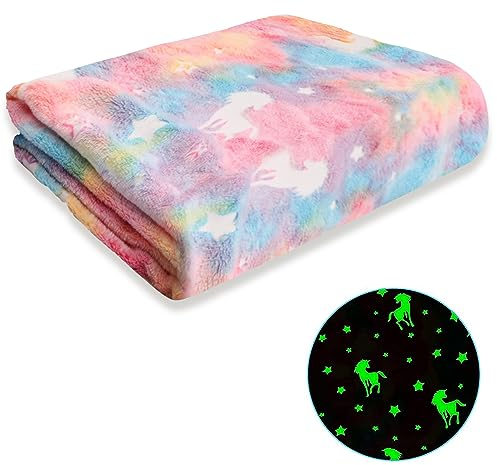 Manta Que Brilla en la Oscuridad, Luminosa para Niños y Niñas, Polar de Franela Suave, Cálida para Dormitorio y Viaje, Infantil para Cama y Sofá (150 x 200 cm, Arcoiris)