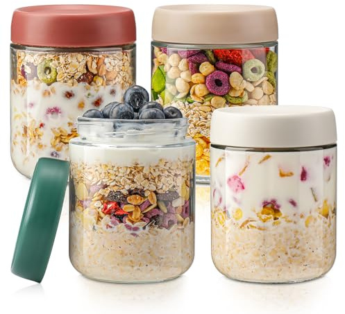 DIMBRAH Overnight Oats Containers with Lids,16oz Glass Jars with Lids - Set Of 4, Practical Oatmeal Container to Go, Chia Seed Pudding Jars, Baby Food Containers