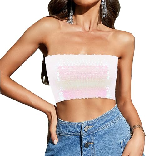 Segreto damer glitter paljetter rör topp sexig ärmlös vintage bandeau topp sjöjungfru axelbandslös crop top party axelbandstopp, Kort flerfärgad vit, En Storlek