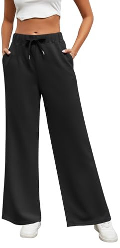 Xnova Femmes Pantalon de Jogging à Larges Jambe Droite, Taille Haute Pantalons avec Poches Décontractés, Ample Pantalons Taille Elastique Cordon Palazzo Extensible de Yoga (Noir, L)