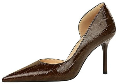 Cuir Verni Bout Pointu Escarpins Femme Talon Haut Sexy Talon Aiguille 8cm À Talon Bloc Haute pour Bureau Mariages Fêtes (41,Marron foncé)