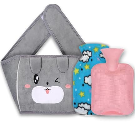 Wärmflasche mit Bezug und Gürtel, Yungden Tragbare Wärmflaschengürtel, Abnehmbar Wärmegürtel zum Umbinden, Hot Water Bottle für Bauch, Hände, Schulter, Rücken und Beine (Rosa - lächelnde Katze)