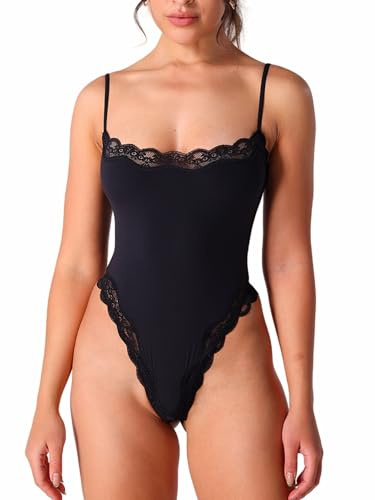 ABOCIW Body en dentelle à col carré sans manches et bretelles spaghetti pour femme, noir, Large