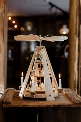 Rudolphs Schatzkiste Pyramide de Noël en bois brossé avec motif Seiffen Naturel Hauteur 40 cm