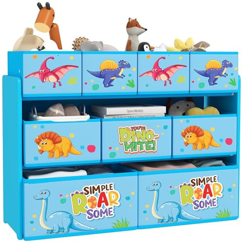 AIYAPLAY Kids Toy Storage Unit, 3-Tier Toy Organiser Shelf with 9 Non-Woven Fabric Boxes for Toys, Books, Dinosaur-Style Toy Storage Organiser for Bedroom, Nursery, Blue
