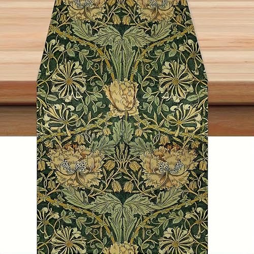 Vintage Floral Table Runner, Green and Gold, 72 x 13 inches