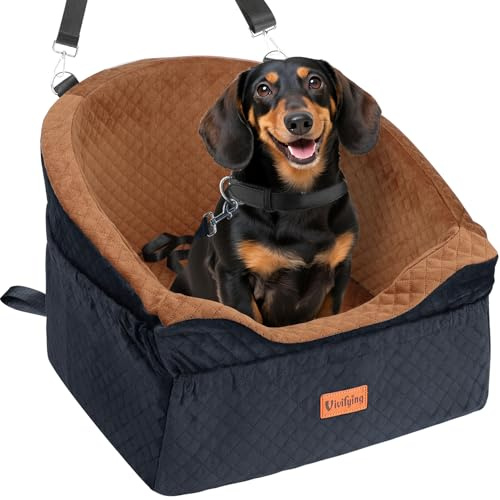 Vivifying Siège Auto pour Chien de Petite et Moyenne Taille, Panier Chien Voiture avec Laisse de Sécurité et Poches de Rangement, Siège Surélevé pour Siège Avant et Banquette Arrière,Marron