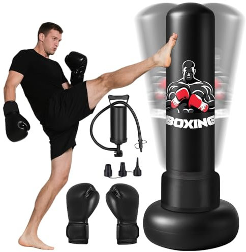 Boxsack Erwachsene, 180 cm Schwerer Boxsack Stehend mit Boxhandschuhen und Luftpumpe, Aufblasbar Boxsack Gefüllt für Kampfsport Standboxsack Geschenk für Taekwondo, Black Boxing Bag Kinder