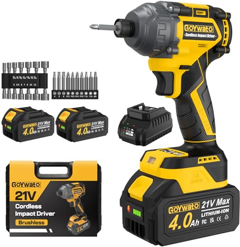 1/4 Avvitatore a Impulsi 300 Nm, 21V Avvitatore a Percussione Brushless, Serrare e Rimuovere Rapidamente le Viti, Avvitatore ad Impulsi con Batteria 2 * 4000mAh & 14 Prese & 10 Punte per Cacciavite