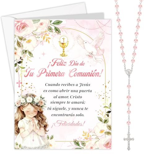 HOWAF Tarjeta Comunión Niña, Tarjeta Felicitación Primera Comunión & Rosarios Religiosos Rosa para Regalos Comunion Niña, Regalos de Comunion