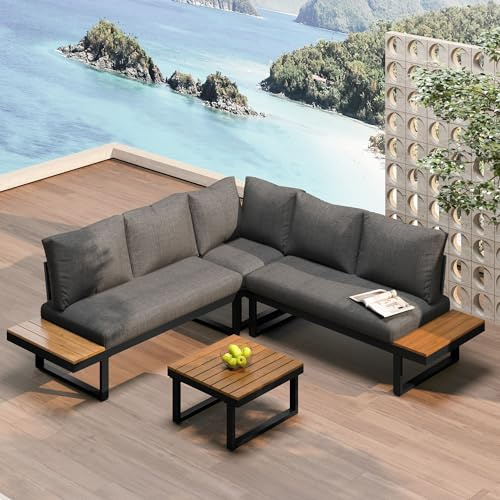 Ktipm Conjunto Jardin Exterior con Función Reclinable Ajustable y Respaldo Cómodo, Muebles Jardin Exterior 4 Piezas con Mesa Auxiliar, Mesa y Sillas Terraza Sofa Jardin Modular, Gris+Negro