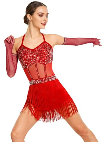 Rswnyirn Women Latin Tango Dance Costume with Gloves Tassel Rhinestone Ballet Dance Leotard Dress