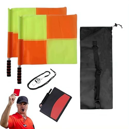 Soccer Referee Flags - Soccer Referee Kit for Linesmen and Offside Signaling In SoccerGames,Football Ref Checkered Linesman Flag Set with Red Yellow Card,Whistles for Matches,Training,RefereeEquipment
