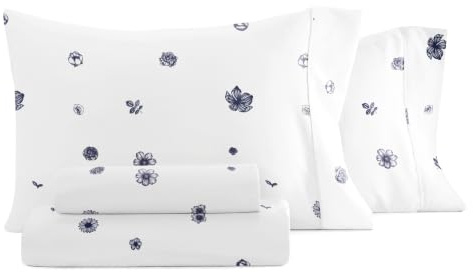 Linen Market Double-Brushed Patterned Microfiber Queen Sheet Set 4 Piece – Oeko-TEX Certified Ultra Soft & Wrinkle-Free - 16 Deep Pocket Sheets - Easy Care Queen Size - Indigo Flowers Navy