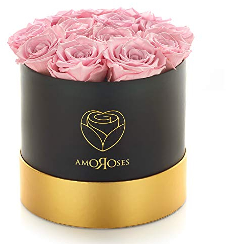 Amoroses 12 echte stabilisierte Rosen halten jahrelang - Originelle Geschenkidee Eleganter Blumenstrauß für Geburtstag, Hochschulabschluss und besondere Anlässe (Schwarze Schachtel mit rosa Rosen)