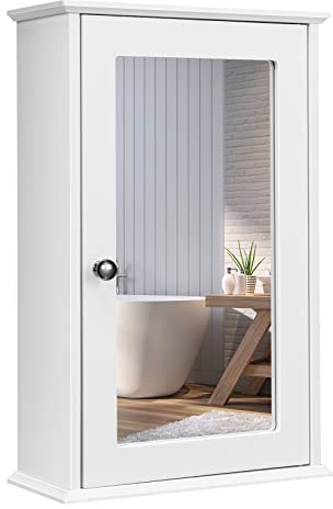 GIANTEX Badschrank Badezimmerschrank mit Spiegel, Spiegelschrank Wandschrank eintürig, Hängeschrank mit verstellbarem Einlegeboden & 2 Fächern, 34x15x53 cm (Weiß)