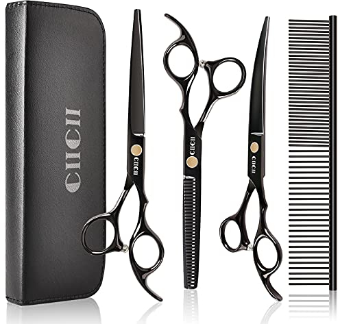 CIICII Hundeschere, Profi 7,8 Zoll Fellschere Hunde Set (Katzen Hundepflege Effilierschere & Gebogene & Gerade Haarschere) für Fellpflege Hund Katze Haustier (9Pcs-Schwerlast-Schwarz)