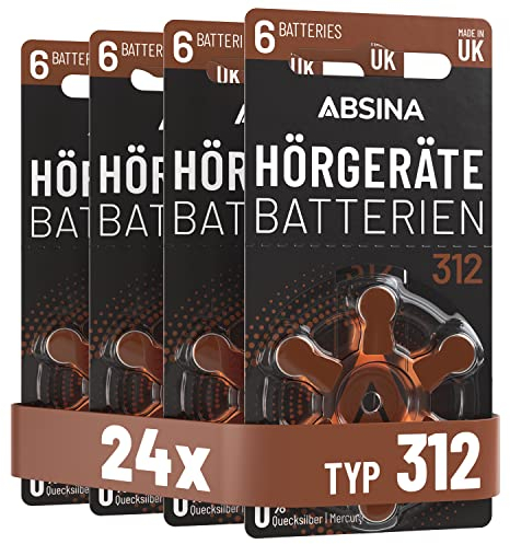 ABSINA Hörgerätebatterien 312 24 Stück mit gut greifbarer Schutzfolie - Batterien für Hörgeräte 312 Zink Luft mit 1,45V - Typ 312 Hörgeräte Batterie Braun - PR41 ZL3 P312 Hörgerätebatterien