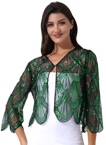 Freebily Femme Vintage Boléro Mariage Soirée Mariée Cardigan Ouverte Dentelle Gilet Châle Courte Cérémonie Carnaval Cosplay Écharpe Haut B-Noir&Vert Taille Unique
