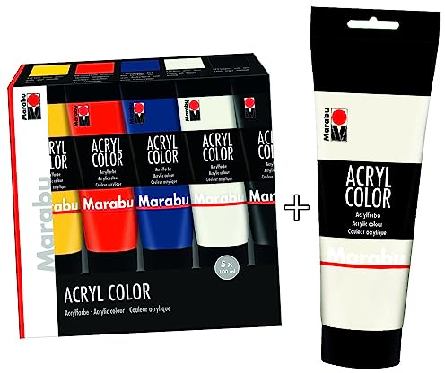 ProduktBundle - Marabu Acryl Color 5er Set plus 1x 225ml weiß zusätzlich - Marabu 1201000000087 - Acryl Color Set, 5 x 100 ml in gelb, zinnoberrot, dunkelblau, weiß schwarz Acrylfarbe auf Wasserbasis