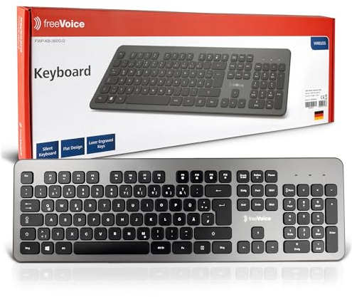 freeVoice Kabellose Tastatur für PC & Laptop – Leise Funk Tastatur ohne Kabel mit 10 m Reichweite – Flaches QWERTZ Keyboard für Büro, Home-Office & Zuhause – rutschfest & batteriebetrieben