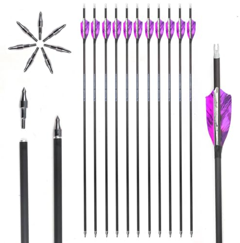 ACCMOS 12 Stück Bogenschießen Lila Weiß Camouflage Feder Pfeile, Spine 600 ID 6,2 mm Gold-Etikett Carbon-Schaft für Jagd & Schießtraining (Spine 600, 31inch)