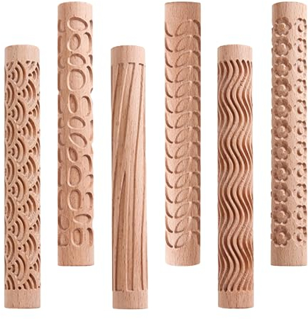 YWNYT Modelliermuster-Roller, Holz-Tonmuster-Roller-Set, Töpfereimuster-Roller, Ton-Nudelholz, strukturierter Holzgriff, Keramik, geschnitzte Werkzeuge für Heimwerker, Handwerk, 6 Stück