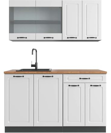 Vicco Singleküche R-Line, Küchenzeile Single, Weiß Landhaus/Anthrazit, 140 cm, AP Eiche