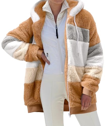 CMTOP vinterjacka dam varm fleecejacka huvtröja teddyjacka höst vinter teddyfleece jacka fluffig plyschjacka ledig vinterrock dragkedja huvjacka med fickor, BRUN, S