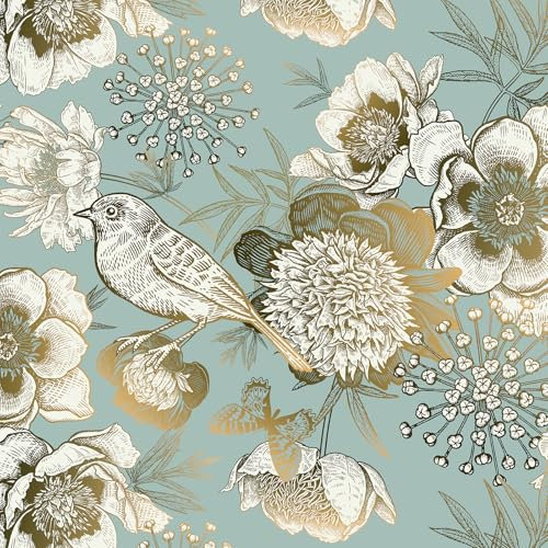 VaryPaper Gold Floral Wallpaper Self Adhesive Vintage Bird Contact Paper 44.5cmx200cm Sticky Back Plastic Furniture Wrap Light Sage Green Wallpaper for Living Room Hallway Shelves Cupboard Vinyl Wrap
