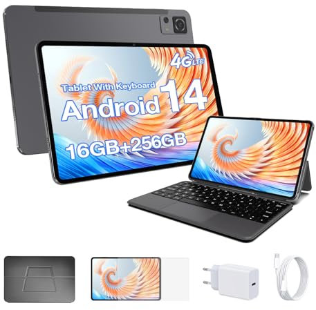 CWOWDEFU Tablet 12 Zoll mit Tastatur,4G LTE Tablet 2 in 1 (Make Calls) 16GB RAM,256GB ROM,Android 14 Phablet,GSM entsperrt,FHD 2K-Display,Octa Core,Gaming-Tablets,8000 mAh/20W Schnellladung,Business