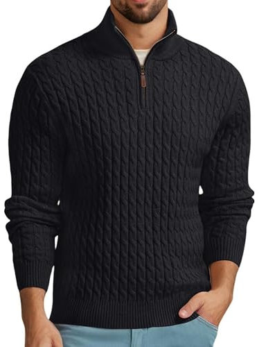 QIXING Pullover Herren Troyer mit Zopfmuster Weicher Freizeit-Strickpullover mit 1/4-Reißverschluss und gerippten Kanten Winterpullover Herren(Schwarz, L)