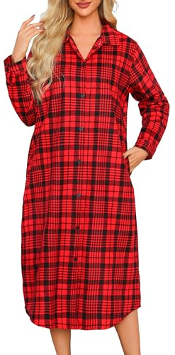 MIA LUCCE Chemise de nuit en flanelle pour femmes - Manches longues, chemise de nuit boutonnée, Rouge à carreaux, XL