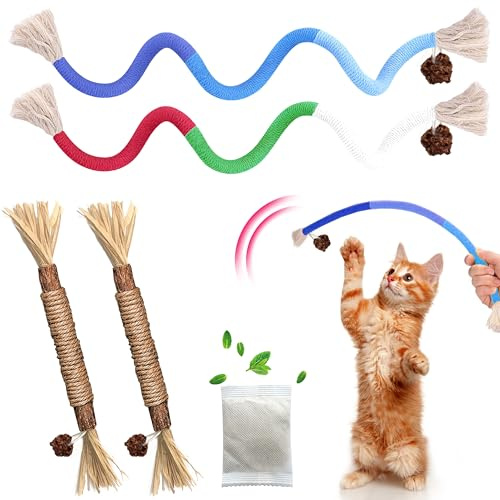 GBSYU Cat Toys Chew Rope & Silvervine Sticks for Bored Indoor Adult Cats, 4Pcs Interactive Catnip Toys for Cats with Refillable Natural Catnip Bag for Teeth Cleaning