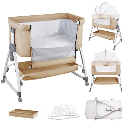 Supfine Cododo 3-i-1-barnsäng med madrass och myggnät, höjdjustering, mobil babyvagga för nyfödda/spädbarn, Codododo-säng med förvaringskorg (beige, 80 x 40 x 100–116 cm)